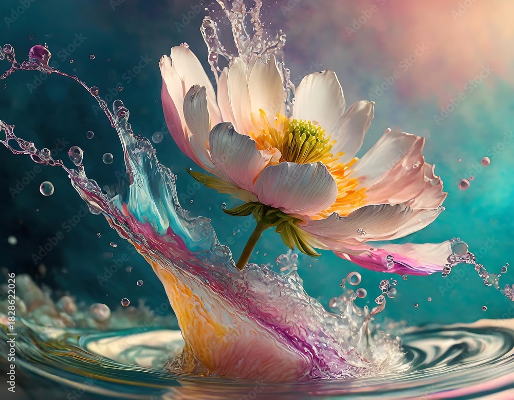 custom made wallpaper toronto digitalColorful flowers splash into water, creating a vibrant scene under soft light enhancing their natural beauty . Generative AI
