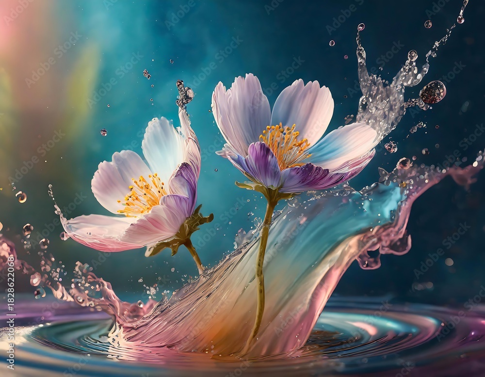 custom made wallpaper toronto digitalColorful flowers splash into water, creating a vibrant scene under soft light enhancing their natural beauty . Generative AI