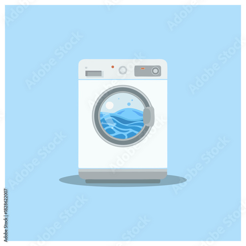 Vibrant illustration of a modern front-loading washing machine actively cleaning clothes with swirling water, symbolizing home efficiency and the concept of freshness