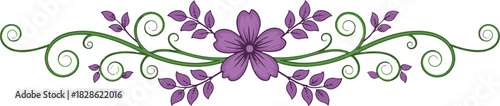 Purple Flower and Green Swirls Border on White Background Keywords: floral, border, decoration