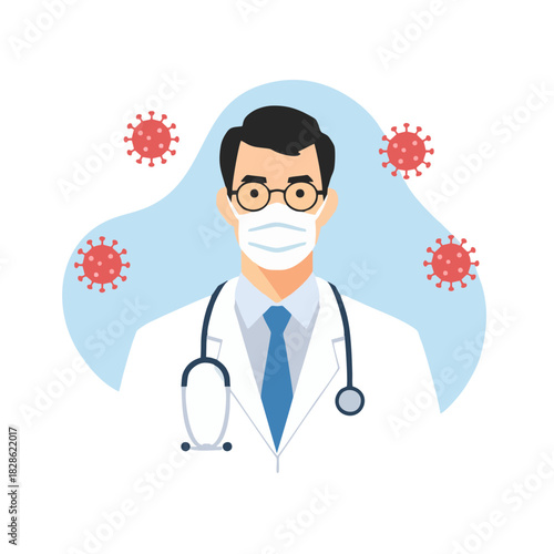 Portrait of a male doctor wearing a protective surgical face mask and stethoscope, surrounded by virus cells during a pandemic