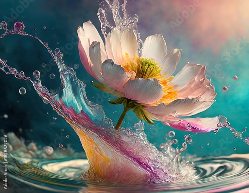 Wallpaper Mural Colorful flowers splash into water, creating a vibrant scene under soft light enhancing their natural beauty . Generative AI Torontodigital.ca