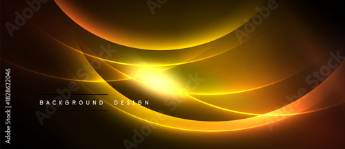 Abstract golden waves radiate from bright center. Dark background enhances luminous curves, creating dynamic visual effect. Text reads background design.
