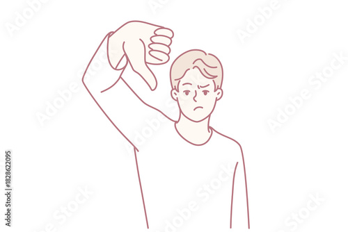 unfortunate man disapproves visibly, displeased individual displays criticism and dissatisfaction openly, person expresses dissatisfaction through negative thumbs down gesture publicly