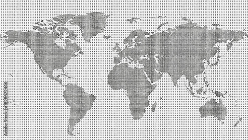 World map representation with a dotted pattern showing continents and geographical boundaries in grayscale