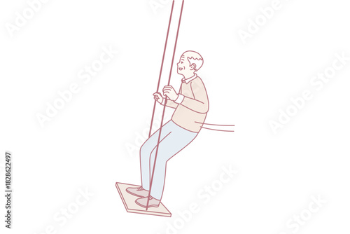 worker suspended on rope seat inspecting facade, controlled descent, harness tension, pulley detail, skyline