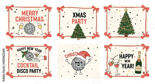 Festive holiday disco party vector illustration set for seasonal celebrations and fun times