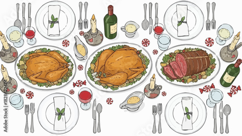 Festive thanksgiving table setting with turkey roast beef wine and decorative elements arranged neatly