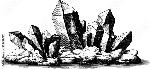 Intricate engraved illustration of a cluster of desert quartz crystals