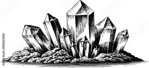 Hand-drawn engraving of desert quartz cluster for retro design