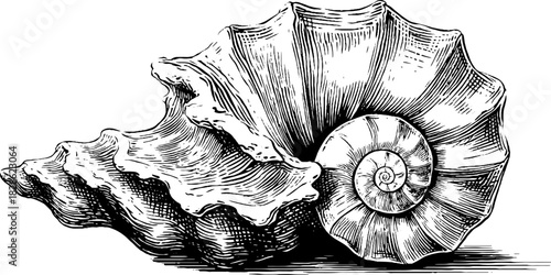 Detailed nautiloid shell engraving for decorative design