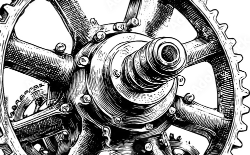 Engraved decorative illustration of a circuit wheel hybrid for design and decor