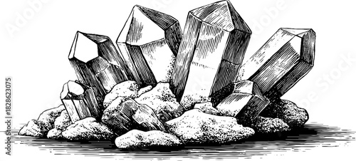 Decorative engraved illustration of a cluster of desert quartz for design and art projects