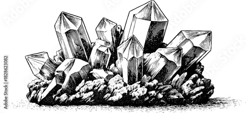 Engraved decorative illustration of a cluster of desert quartz