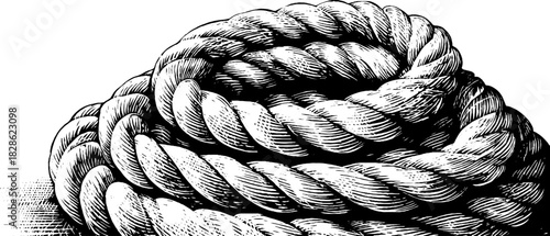 Engraved decorative illustration of coiled natural rope for vintage design