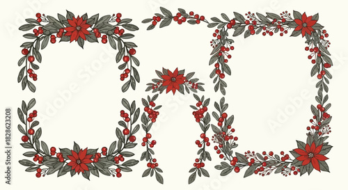 Vector set of Christmas frames with leaves and red berries in elegant vintage style