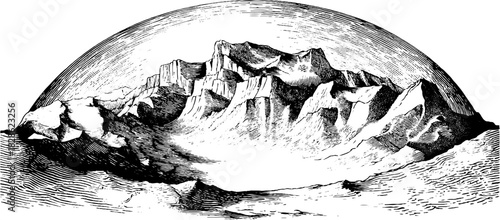 Engraved decorative illustration of a floating abstract dome with mountains
