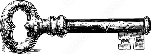 Vintage hand drawn illustration of forged metal key for decorative design