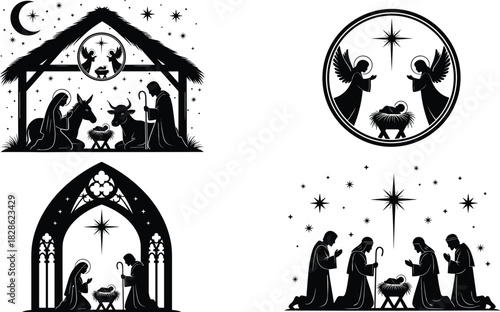 Christmas nativity scene silhouette set with holy family, angels, shepherds and stable, isolated cad drawing flat vector illustration