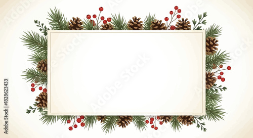 Festive Christmas Card Template with Evergreen Branches, Pine Cones, and Red Berries Illustration