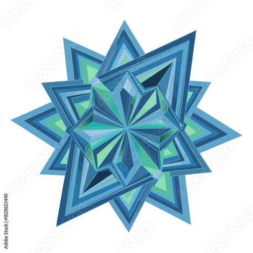 Intricate abstract geometric star design with multiple layers and sharp angles, rendered in various shades of blue and green, creating a faceted crystalline effect.