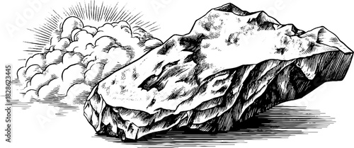 Engraved depiction of fractured rose quartz with cloud details