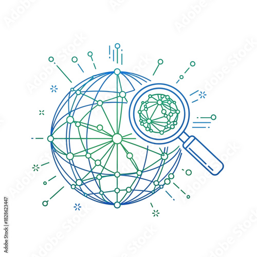 Global network analysis with magnifying glass exploring interconnected data nodes.