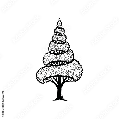 A black and white line art illustration of a stylized spiral topiary tree with detailed foliage.