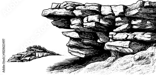 Engraved decorative illustration of a fragmented wind-carved rock formation