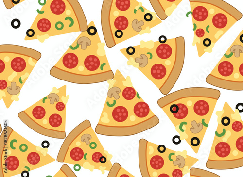 A continuous pattern featuring pizza slices against a white backdrop, showcasing a mouthwatering Italian feast in a vibrant, realistic vector style suitable for textiles, wrapping paper, and