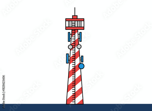Illustration of a flat, isolated vector depicting a 5G telecom tower, a radio mast equipped with radar, and an antenna for signal transmission, along with a network pole, a telecom monopole, internet