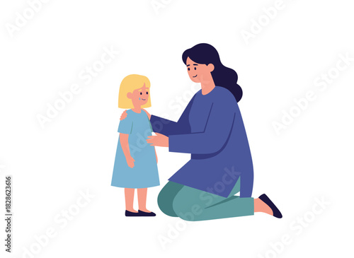 A mother kneels to console her upset daughter, speaking gently to her while the flat vector illustration shows the scene against a white background
