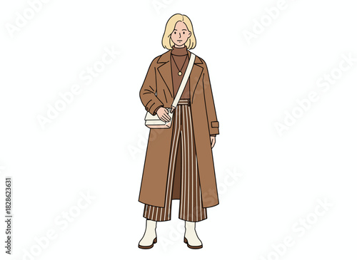 A stylish woman depicted in a flat vector illustration, wearing trendy accessories and winter attire, showcasing a handbag and a warm overcoat against a white background