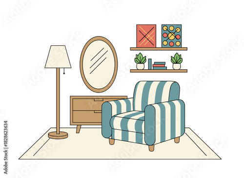 A stylish living room interior featuring retro furnishings and décor, cozy with a chair, chest of drawers, floor lamp, potted plants, and a wall mirror, rendered as a colored flat vector illustration