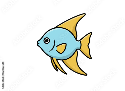 A cute, funny, fancy, and fantastic fish—an imaginative aquarium creature with large fins, a small exotic tropical marine species, a fictional animal—shown as a colored flat vector illustration on a