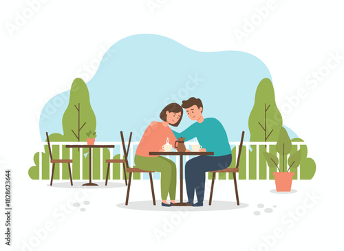 A couple on a disastrous first date, awkwardly unlucky with an unpleasant narcissist, where the man and woman don't match, resulting in a mismatched failed rendezvous, depicted as a flat vector