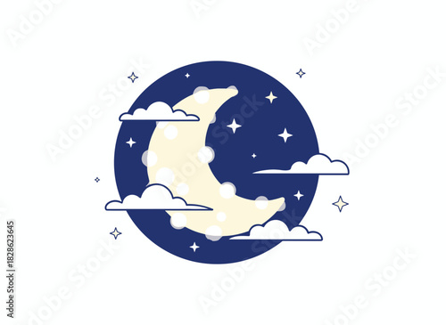 A simple weather icon depicting a lunar eclipse, featuring a half moon or waxing crescent with stars and clouds, symbolizing nighttime in line art style, presented as a flat vector illustration on a