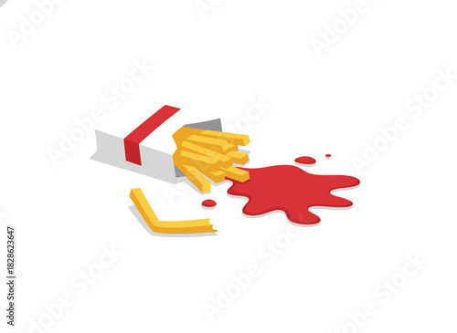 Crispy potato sticks, chips, and crisps served in a paper box or carton, with spilled ketchup, are a fast‑food snack depicted in a flat vector illustration on a white background