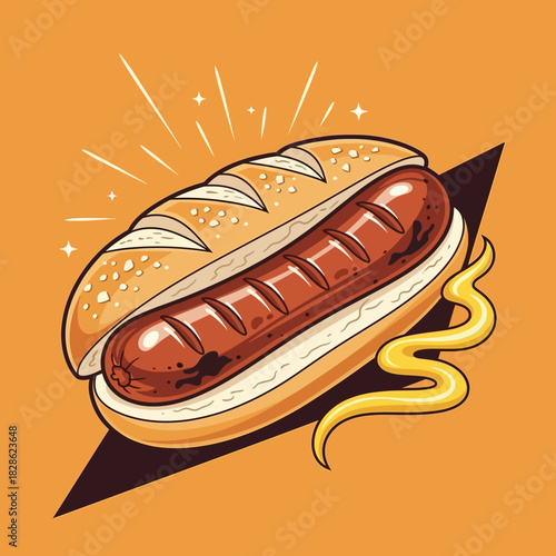 A vibrant cartoon illustration of a grilled hot dog in a bun with mustard on an orange background.