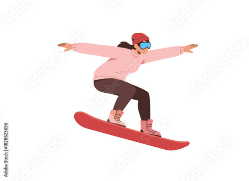 A smiling girl in a snowsuit is snowboarding, performing a trick in winter extreme sports, depicted as a cute cartoon character on a white background in a flat vector illustration