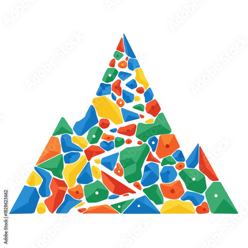 Colorful rock climbing holds arranged in the shape of a mountain range, illustrating an abstract climbing wall design.