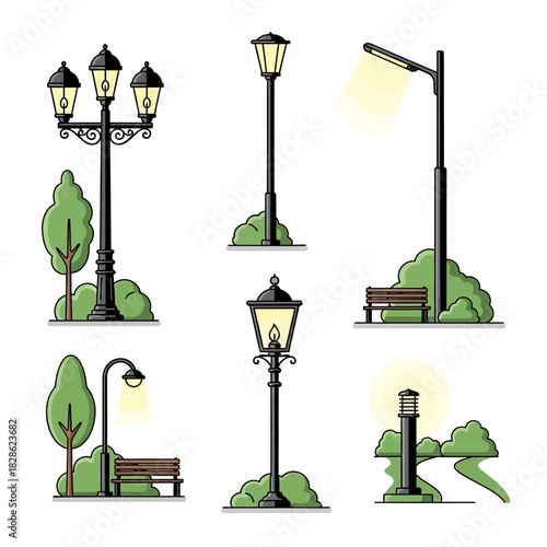 Collection of various outdoor street lamps and park lights with greenery and benches in a clean vector illustration style.