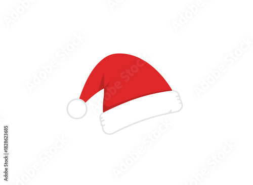 Vector illustration of a Santa Claus hat, a festive Christmas costume accessory: a red plush hat with a pompom, isolated on a white background, featuring a warm winter holiday cap with fluffy fur