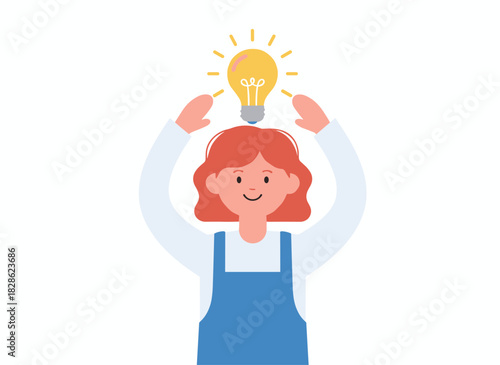 Illustration of a modern woman with a large lightbulb above her head, depicted in flat vector style, symbolizing creative imagination as she brainstorms or generates new ideas, embodying innovation