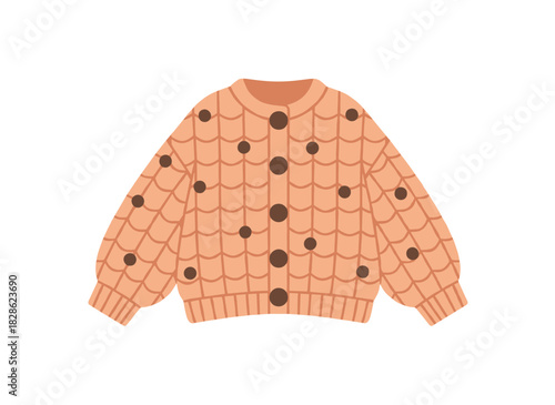 A flat vector illustration of a knitted cardigan, featuring cozy, warm clothing set against a white background, showcasing stylish autumn and winter attire in pink wool with fashionable pompons