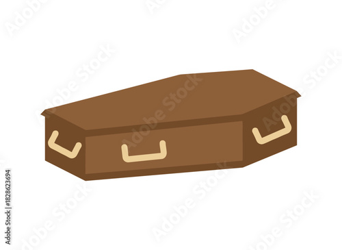 A wooden coffin, a mourning box for a death ceremony, a funeral burial case for a Christian cemetery, and a ceremonial funeral ritual, presented as a flat graphic vector illustration on a white