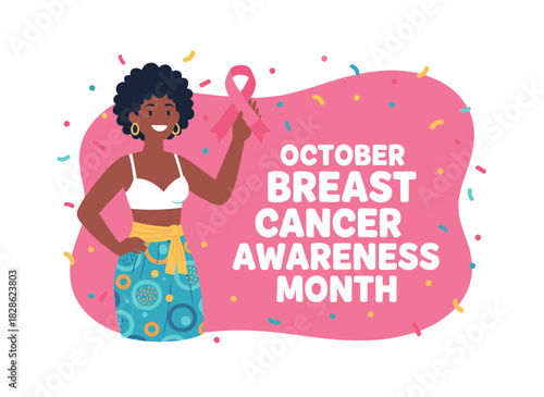 A supportive poster featuring a female figure and a pink ribbon, designed as a motivational template for cancer survivors, vertical format for Breast Cancer Awareness Month, in flat vector style