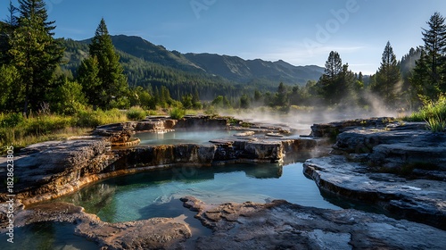 Picturesque hot springs nestled amongst lush green trees and rocks, with steam rising creating a mystical atmosphere