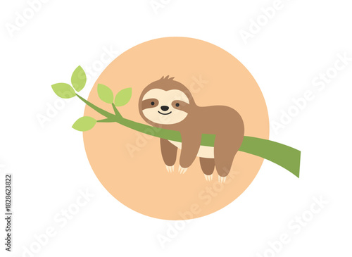 A cheerful sloth climbs a tree branch while listening to music, grinning as a wild exotic animal, depicted as a cute cartoon character isolated on a white background in a flat-style vector