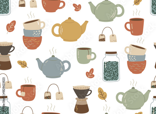 A continuous pattern featuring vibrant hand‑drawn kitchen utensils and tea‑making ingredients against a white backdrop, ideal as a vector illustration for wallpaper, textile designs, wrapping paper